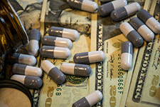 Grey and white pills scattered on top of hundred dollar pills